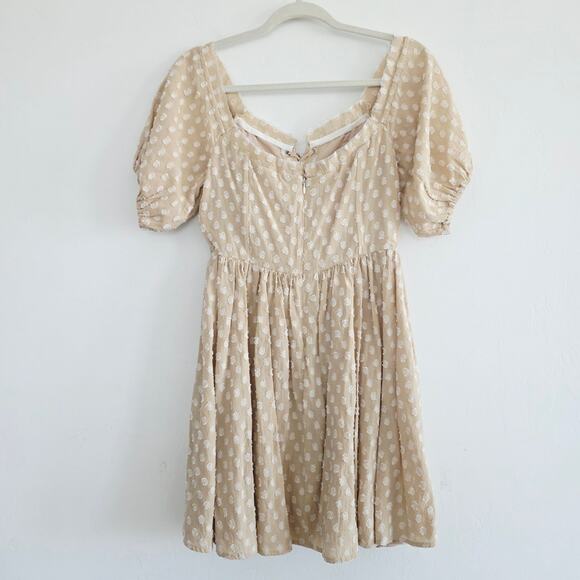 House of Harlow x Revolve Beige Polka Dot Off the Shoulder Mini Dress Sz Medium - Picture 3 of 10